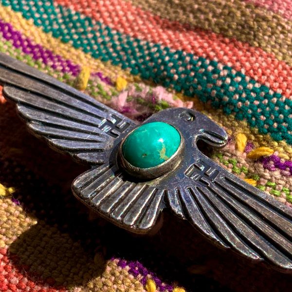 SOLD 1920s ART DECO TRADING POST FRED HARVEY ERA THUNDERBIRD, WHIRLING LOG & GREEN TURQUOISE PIN BROOCH TIE BAR