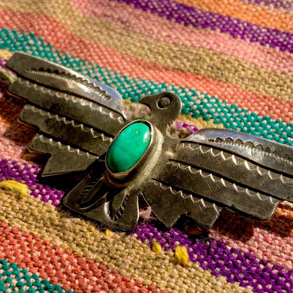 SOLD 1920s ART DECO TRADING POST FRED HARVEY ERA SILVER & GREEN TURQUOISE THUNDERBIRD PIN BROOCH TIE BAR