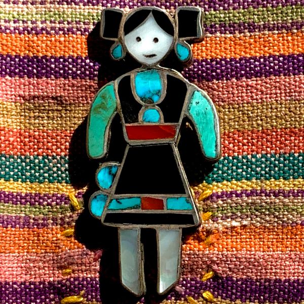 SOLD 1950s HOPI MAIDEN WOMAN FIGURAL PIN BROOCH SILVER INLAID ZUNI