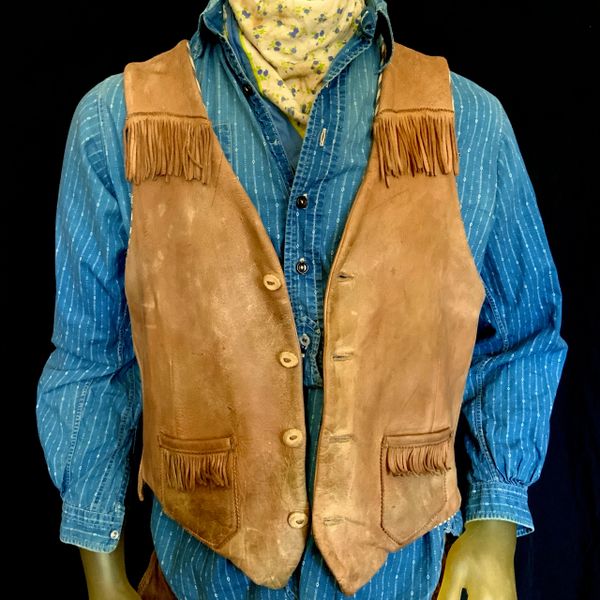 SOLD RESTORED, DISTRESSED, OILED, RELINED, COLOGNED, SUPPLE DEERSKIN LEATHER CINEMATIC WARDROBE CALIBER 1970s WESTERN COWBOY VEST