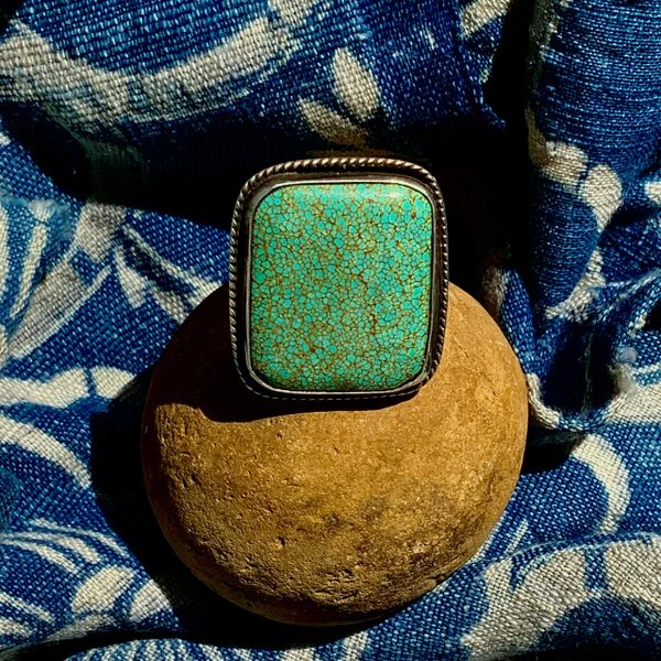 1940s RARE BIG MENS SPIDERWEBBED RECTANGULAR ROBIN'S EGG BLUE NUMBER 8 TURQUOISE STAMPED SILVER RING