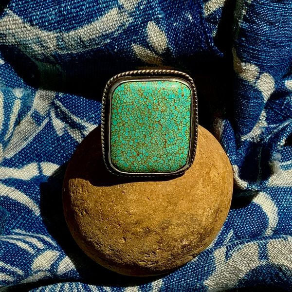 SOLD 1940s RARE HUGE MENS SPIDERWEBBED RECTANGULAR ROBIN'S EGG BLUE NUMBER 8 TURQUOISE STAMPED SILVER RING