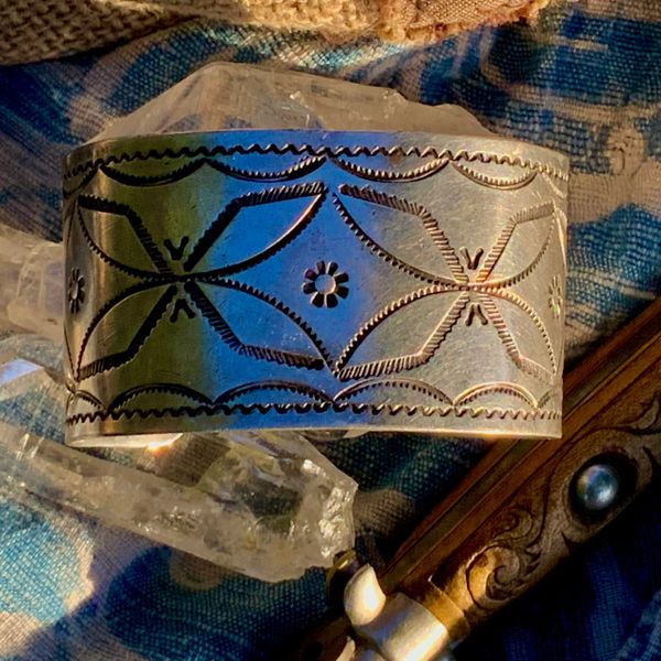 SOLD 1920s BUTTERFLY & SUN THEMED WIDE NAVAJO STAMPED SILVER MEN SIZED CUFF BRACELET