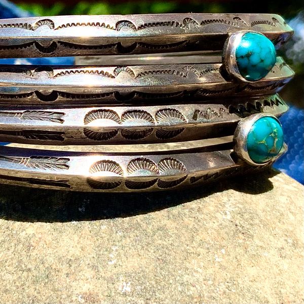 SOLD 1920s SPIDERWEBBED DARK NEON BLUE RARE PILOT MOUNTAIN TURQUOISE & DOUBLE CARINATED SWEDGED STAMPED ARROWS INGOT SILVER CUFF BRACELETS SET OF 2