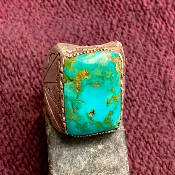 SOLD 1910s FRED HARVEY ERA TRADING POST BELL STERLING SILVER JUMBO VERY HEAVY MENS RING WITH BIG VIVID BLUE & GREEN ROYSTON TURQUOISE