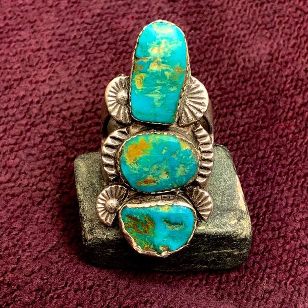 SOLD 1940s HUGE FINGER LONG ZUNI MENS SILVER RING WITH 3 NEON BLUE, GREEN & YELLOW ROYSTON TURQUOISE STONES
