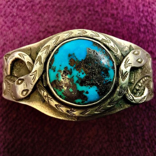 SOLD 1920 RARE INGOT SILVER SNAKES WITH WORLD MAP GLOBE MATRIXED BRIGHT WATERY DARK BLUE TURQUOISE STONE WITH EARLY FLEUR DE LIS STAMPS AND PEYOTE BUTTON REPOUSSE'
