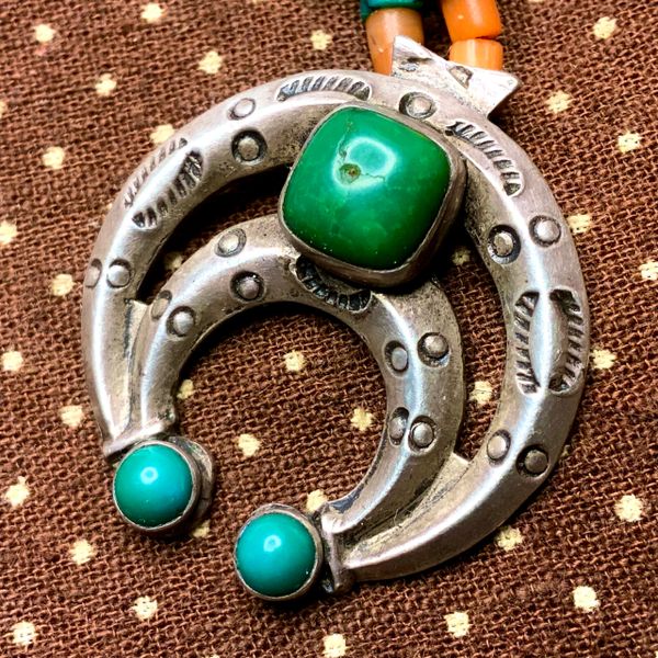 SOLD 1940s NAJA WITH CERILLOS TURQUOISE ON CORAL, GREASY BLUE & GREEN HEISHI & SILVER BENCH BEADS