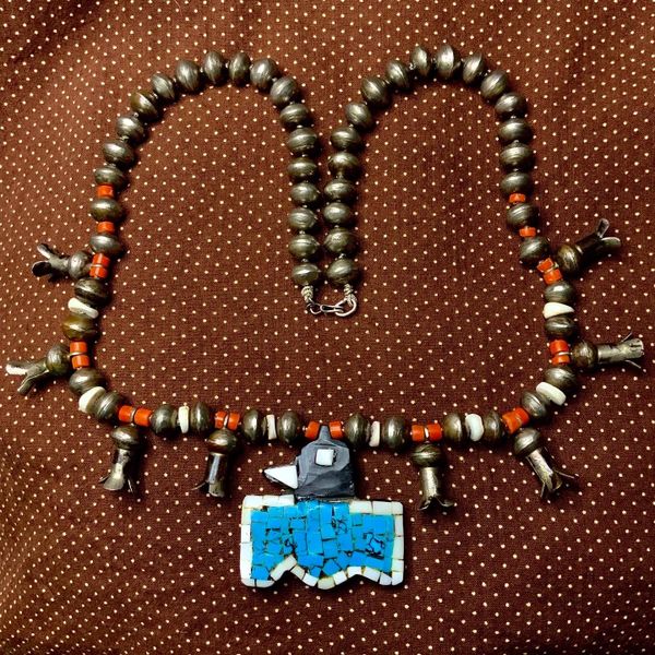 SOLD 1930s SANTO DOMINGO PUEBLO JET, TURQUOISE AND CLAM SHELL INLAIND THUNDERBIRD SQUASH BLOSSOM NECKLACE WITH CLAM SHELL & CORAL BEADS & SILVER BENCH BEADS & POMEGRANATE A.K.A SQUASH BLOSSOMS