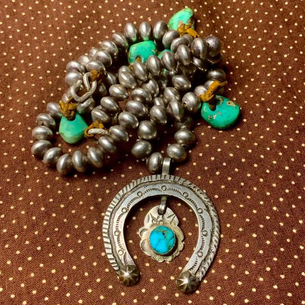 SOLD 1910s COLD CHISELED SILVER NAJA WITH CENTRAL DANGLING PENDANT BLUE TURQUOISE WITH HEAVY 1920s SILVER BENCH BEADS WITH EARLY GREEN TURQUOISE "SING" TABS
