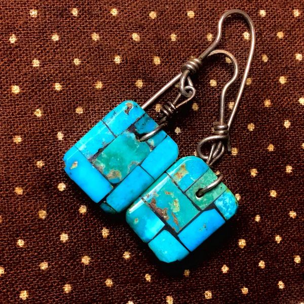 SOLD 1950s SANTO DOMINGO INLAID BLUE TURQUOISE ON COTTONWOOD EARRINGS