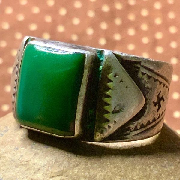 SOLD 1910s FRED HARVEY ERA WHIRLING LOG & GREEN TURQUOISE CIGAR BAND STAMPED SILVER RING