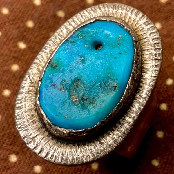SOLD 1920s OLD NEON BLUE GREASY TURQUOISE TAB IN AN 1880s STYLE COLD CHISELED INGOT SILVER SUN THEMED RING FROM THE 1980s