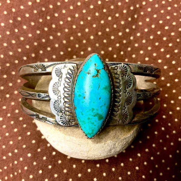 SOLD 1920s STAMPED SPLIT SHANK INGOT SILVER CUFF BRACELET WITH LARGE OVAL BLUE GREEN HIGH DOMED TURQUOISE