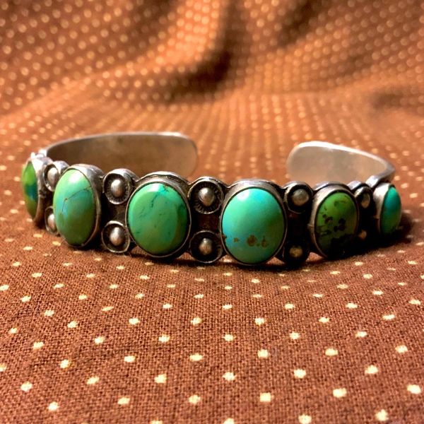 SOLD 1940s STAMPED INGOT SILVER PALE GREEN TURQUOISE ROW CUFF BRACELET