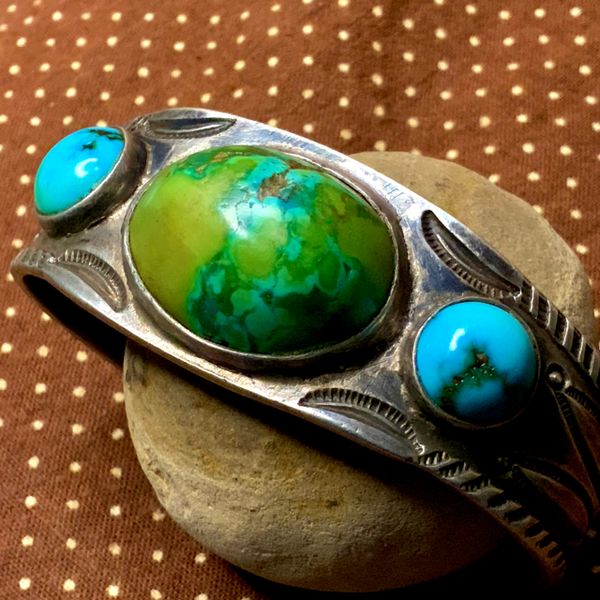 SOLD 1920s GEM GRADE BLUE, YELLOW & GREEN TURQUOISE & STAMPED INGOT SILVER CUFF BRACELET