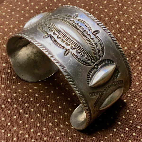 SOLD 1920s FRED HARVEY REPOUSSE' & STAMPED WIDE SILVER CUFF BRACELET