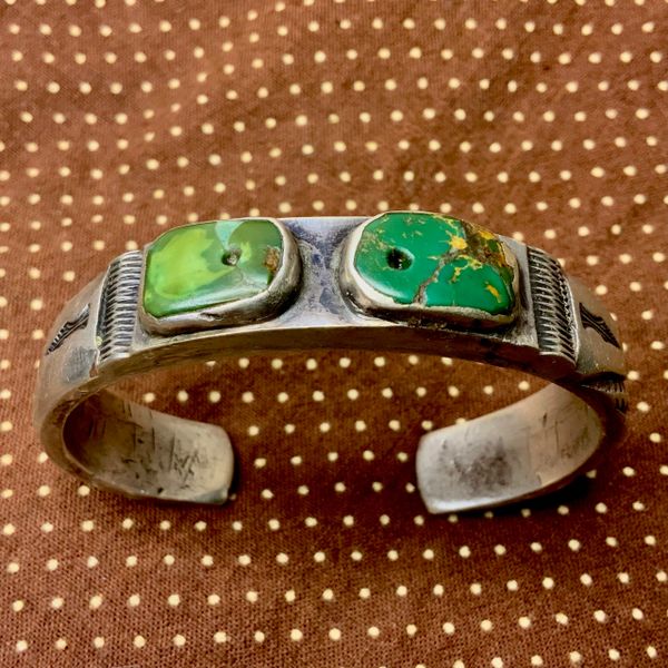 SOLD 1890s-1900s RARE THICK & HEAVY COLD CHISELED & STAMPED CARVED CUFF BRACELET WITH GREEN TURQUOISE TABS