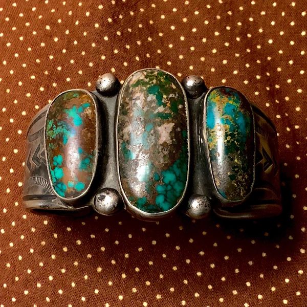 SOLD 1920s BIG & HEAVY WIDE STAMPED INGOT SILVER CUFF BRACELET WITH BLUE & GREEN SPIDERWEBBED BISBEE TURQUOISE