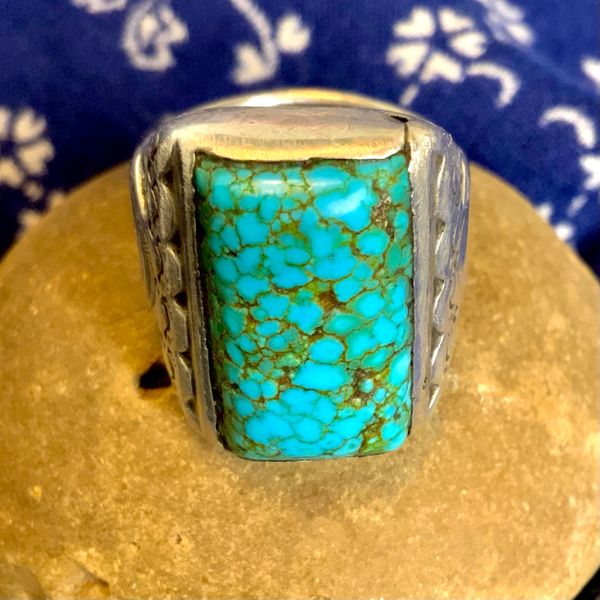 SOLD 1930s LIKELY GARDEN OF THE G-DS SAND CAST ORNATE BREAD LOAF SHAPED EARLY KINGMAN TURQUOISE SILVER MENS RING WITH ROBIN'S EGG BLUE SPIDERWEBBED TURQUOISE
