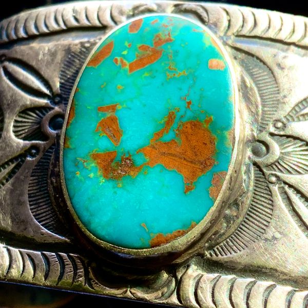 SOLD 1920s WIDE MENS INGOT SILVER AND MEDIUM DARK BLUE BLUE GEM ROYSTON TURQUOISE OF MEDIUM INTENSITY WITH EARLY FILE STAMPS AND COLD CHISEL WORKMANSHIP
