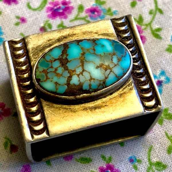 SOLD 1950s Guild Era Navajo Silver and Pilot Mountain Greasy Blue Spiderweb Turquoise Bandanna Slider