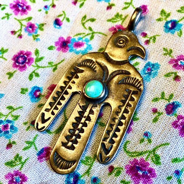 SOLD 1950s Fred Harvey Era Navajo Trading Post Silver and Pal Blue Turquoise Thunderbird Pendant