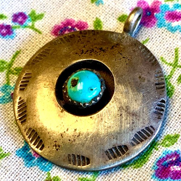 1960s Small Silver and Turquoise Hopi Overlay Pendant Signed A. White