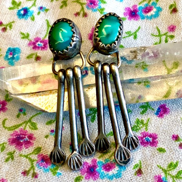 SOLD 1940s Chandelier Earrings of Greasy Green Turquoise and Silver Stamped Dangles