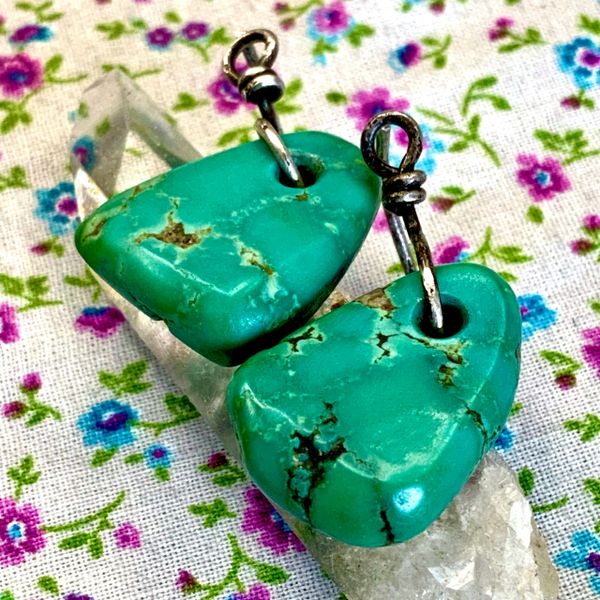 1920s Greasy Light Caribbean Blue Green Turquoise Tab Earrings Ear Bobs with Silver Atelier Made Hoops
