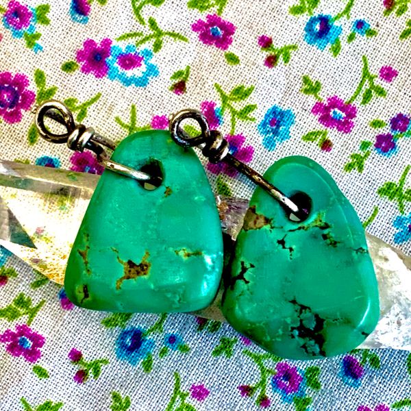 1920s Greasy Light Caribbean Blue Green Turquoise Tab Earrings Ear Bobs with Silver Atelier Made Hoops