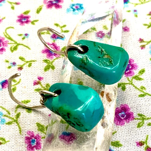 1920s Caribbean Blue Green Turquoise Small Tab Earrings Ear Bobs with Atelier Made Silver Hooks