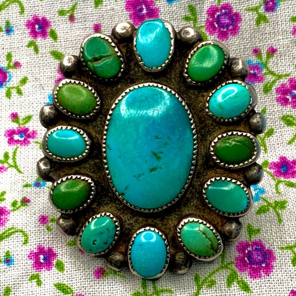 SOLD 1940s Zuni Floral Blue and Green Turquoise Cluster Petit Point Silver Ring