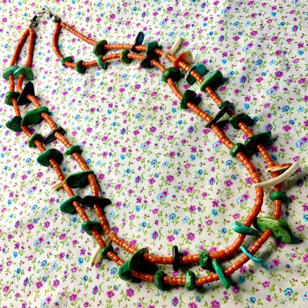 1940s Atelier Restrung Santo Domingo Pueblo Coral, Clam Shell, Silver Bead, Jet and Green Turquoise Tabs Treasure Necklace 28"