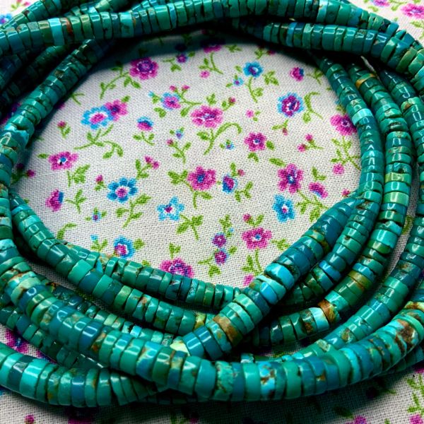 1920s Micro Tiny Double Strand of Greasy Glassy Caribbean Blue and Green Long Navajo Heishi Necklace 29"