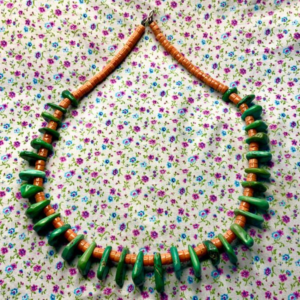 1910s Green Turquoise Tabs with Antique Natural Coral Heishi in Santo Domingo Pueblo Style Necklace 24"