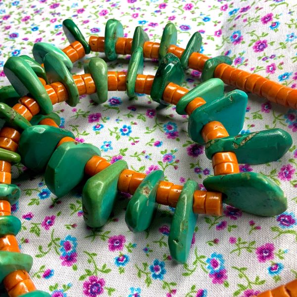 1910s Green Turquoise Tabs with Antique Natural Coral Heishi in Santo Domingo Pueblo Style Necklace 24"