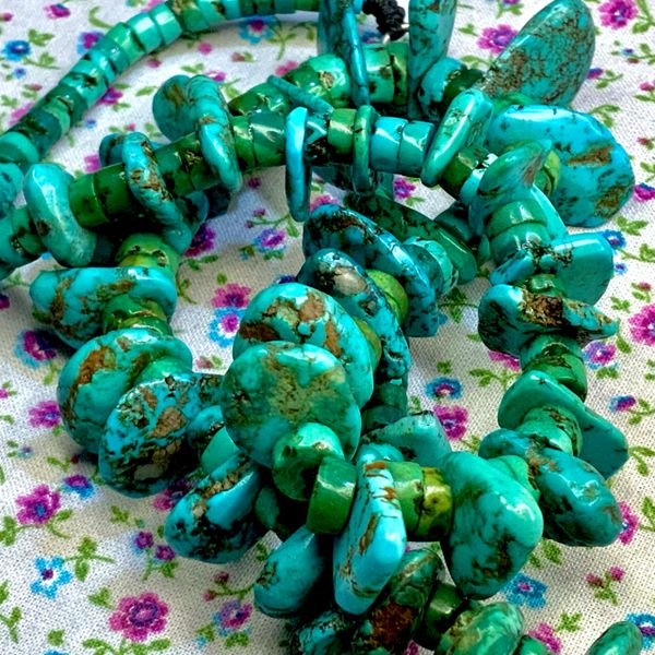 1930s Number 8 Turquoise Heishi and Tab Necklace in Mix of Greens and Blues in Santo Domingo Style 24"