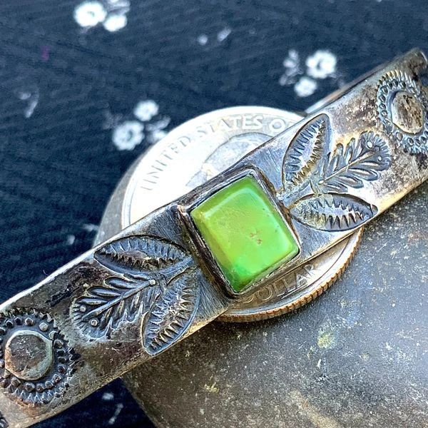 1910s RARE EARLY PUEBLO OR NAVAJO INGOT SILVER STAMPED SAGE FLOWER, SUN, CLOUDS, ARROWS TALL, BEVELED GREEN TURQUOISE CUFF BRACELET