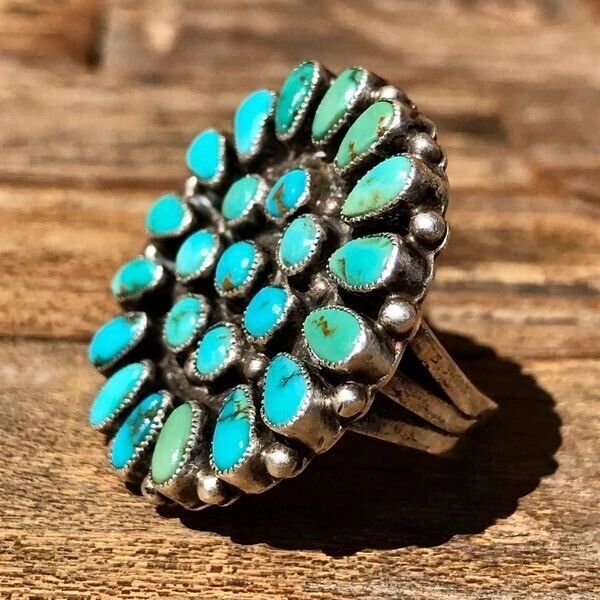 SOLD 1930s BIG FLORAL SHAPED GEM QUALITY BLUE TURQUOISE & INGOT SILVER RING