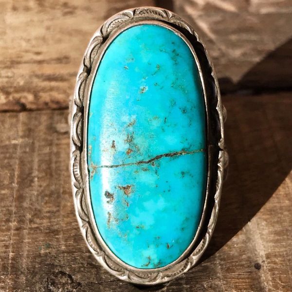 1930's GREASY BLUE LONG OVAL STAMPED NAVAJO TURQUOISE & SILVER RING