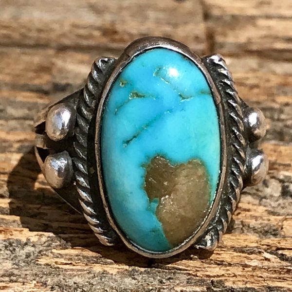 SOLD 1900s SMALL BLUE OVAL DOMED BLUE GEM ROYSTON TURQUOISE INGOT SILVER RING