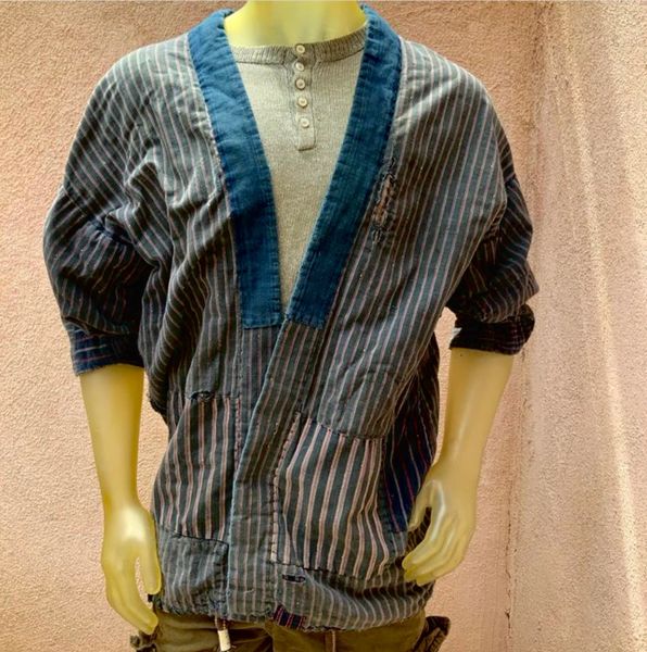 SOLD 1940s SHASHIKO BORO PATCHWORK COTTON INDIGO KIMONO HANTEN HAPI COAT MENS