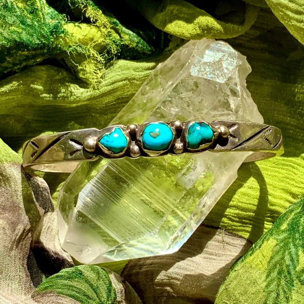 SOLD 1920s INGOT silver Stacker Cuff Bracelet with 3 BLUE TURQUOISE STONES Chiseled & Carved