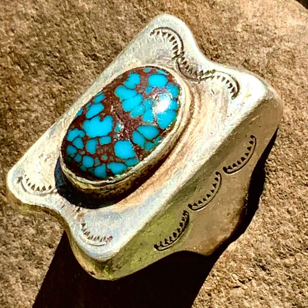 1920s OLD Pawn Navajo BLUE Spiderweb Turquoise Silver MENS HUGE HEAVY Ring sz 11