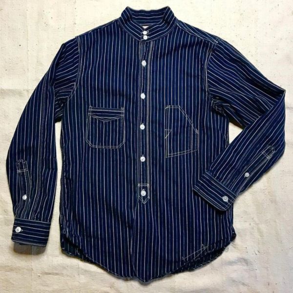 RARE Railroad Engineer Striped Banded Collar Freewheelers Indigo Shirt Size 15