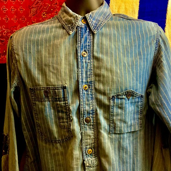 SOLD RRL RARE Vintage Patched Striped Indigo WABASH STIFEL Workwear Chambray Shirt M