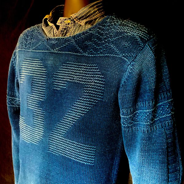 SOLD Variety Knit Cotton Faded Distressed INDIGO Blue Men's KAPITAL Japan Crew Neck Sweater