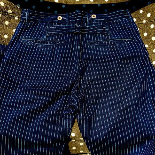 RRL DOUBLE RL THICK TWILL DARK INDIGO WABASH STIFEL STRIPE CHAMBRAY LINED BUCKLE BACK BUTTON FLY DOCKERS OFFICER PANTS WIDE LEG LOOSE FIT
