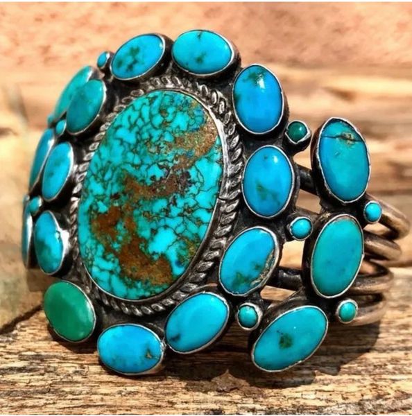 SOLD 1920s BLUE GEM ROYSTON & NUMBER 8 BLUE TURQUOISE ZUNI PETIT POINT WIDE CLUSTER SILVER CUFF BRACELET